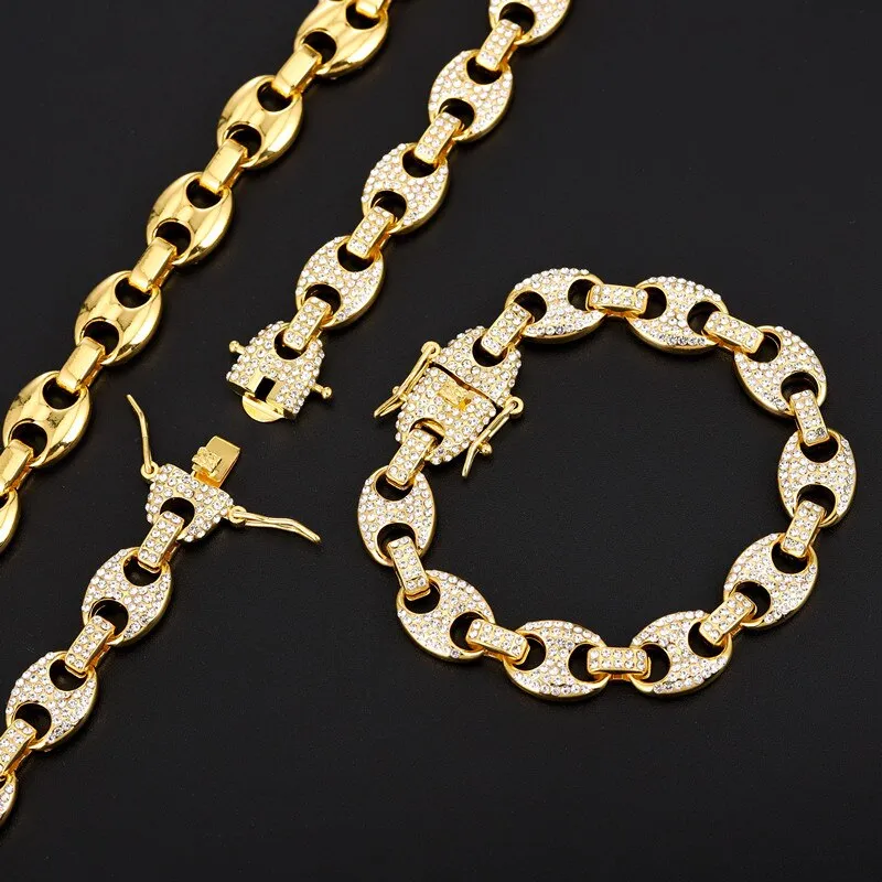 Full Bling Iced Out Coffee Bean Pig Nose CZ Rhinestones Necklace