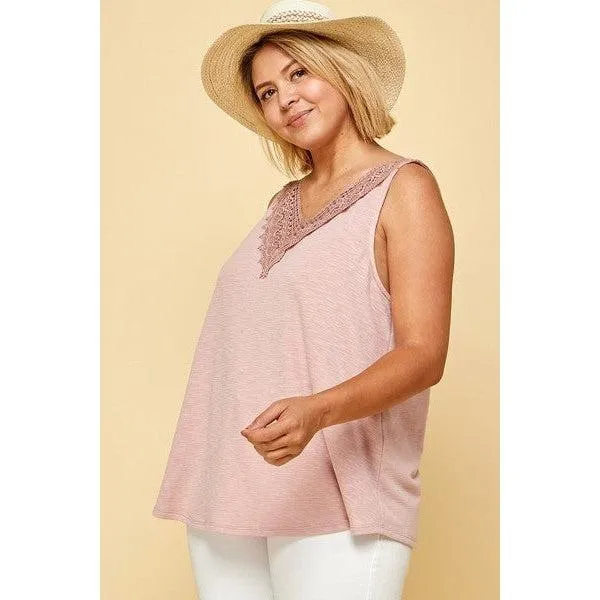 Plus Solid French Terry Slub Sleeveless Tank With Lace Neckline