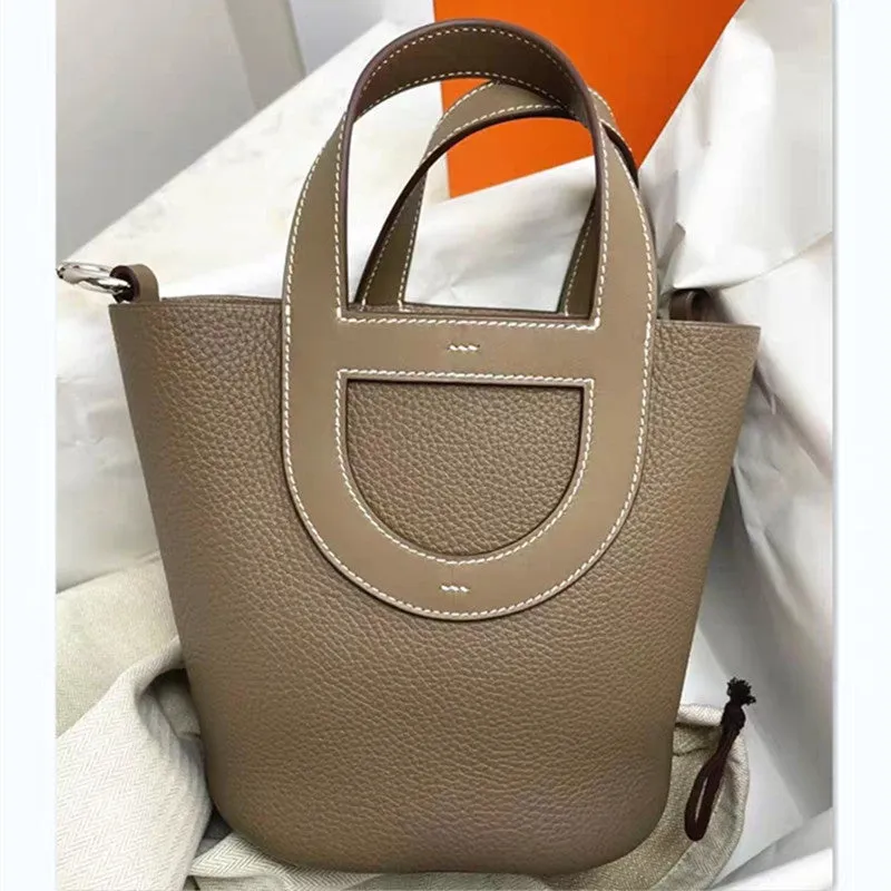 SEALBEER 2025 new pig nose vegetable basket bucket bag fashion portable women's bag lychee pattern first layer cowhide casual leather